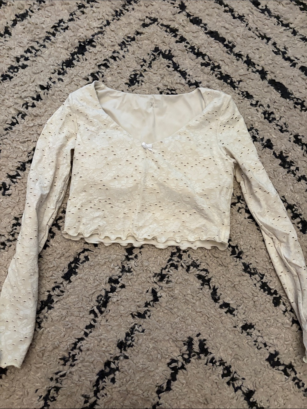 aerie Cream Eyelet Long-Sleeve Cropped Top with Scalloped Hem